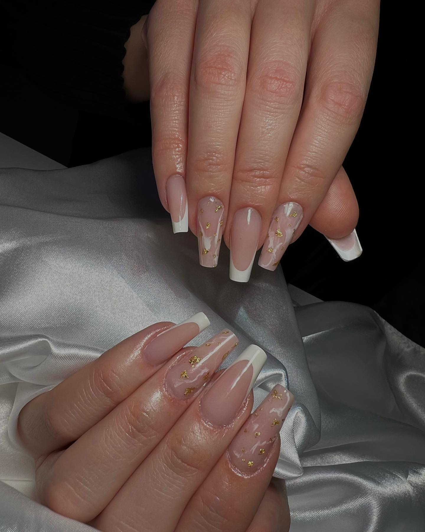 Long coffin nails with gold flake and french tips
